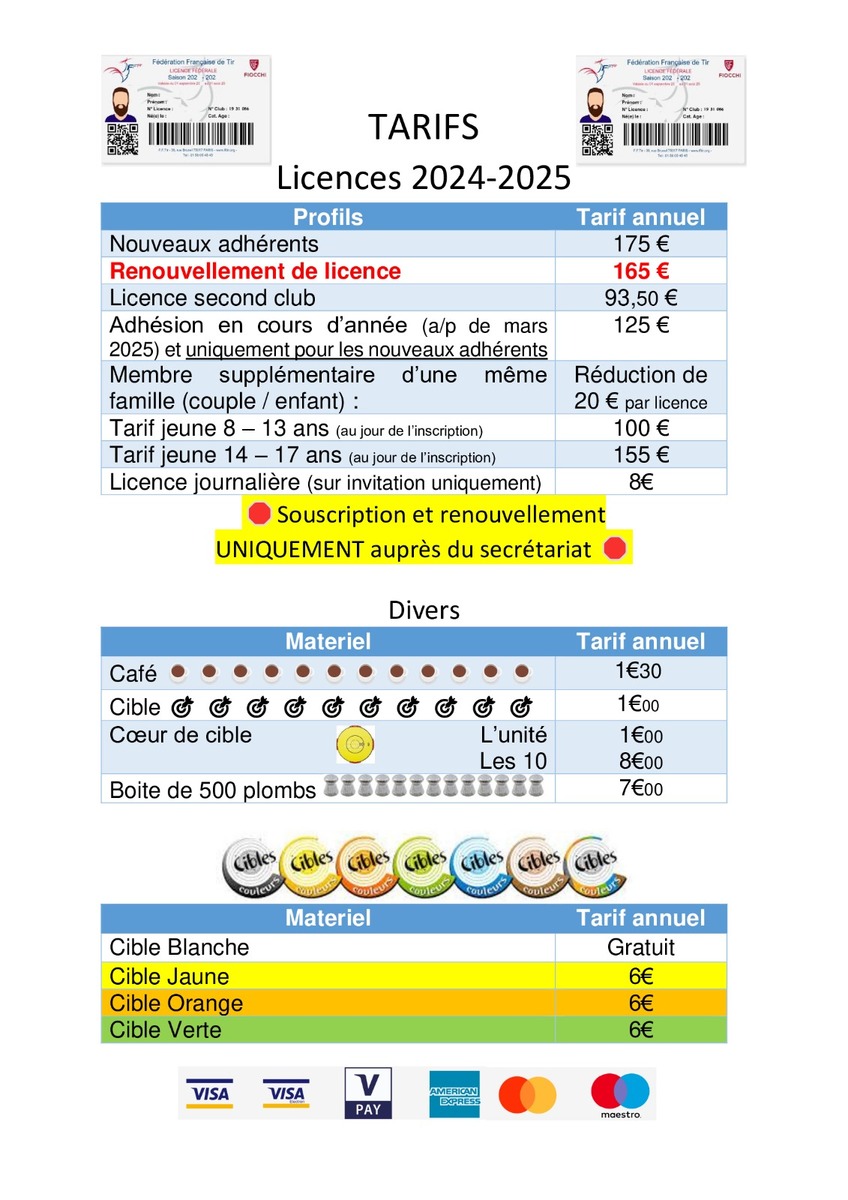 Tarifs 2024-2025